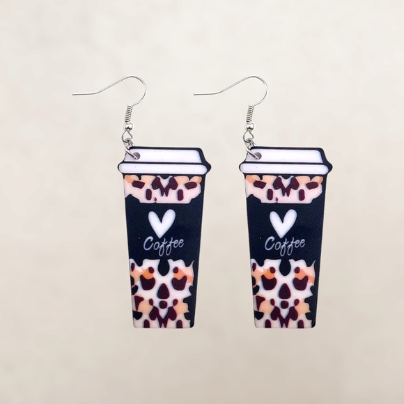 Leopard Coffee Heart Cup Earrings - Picture 2 of 11